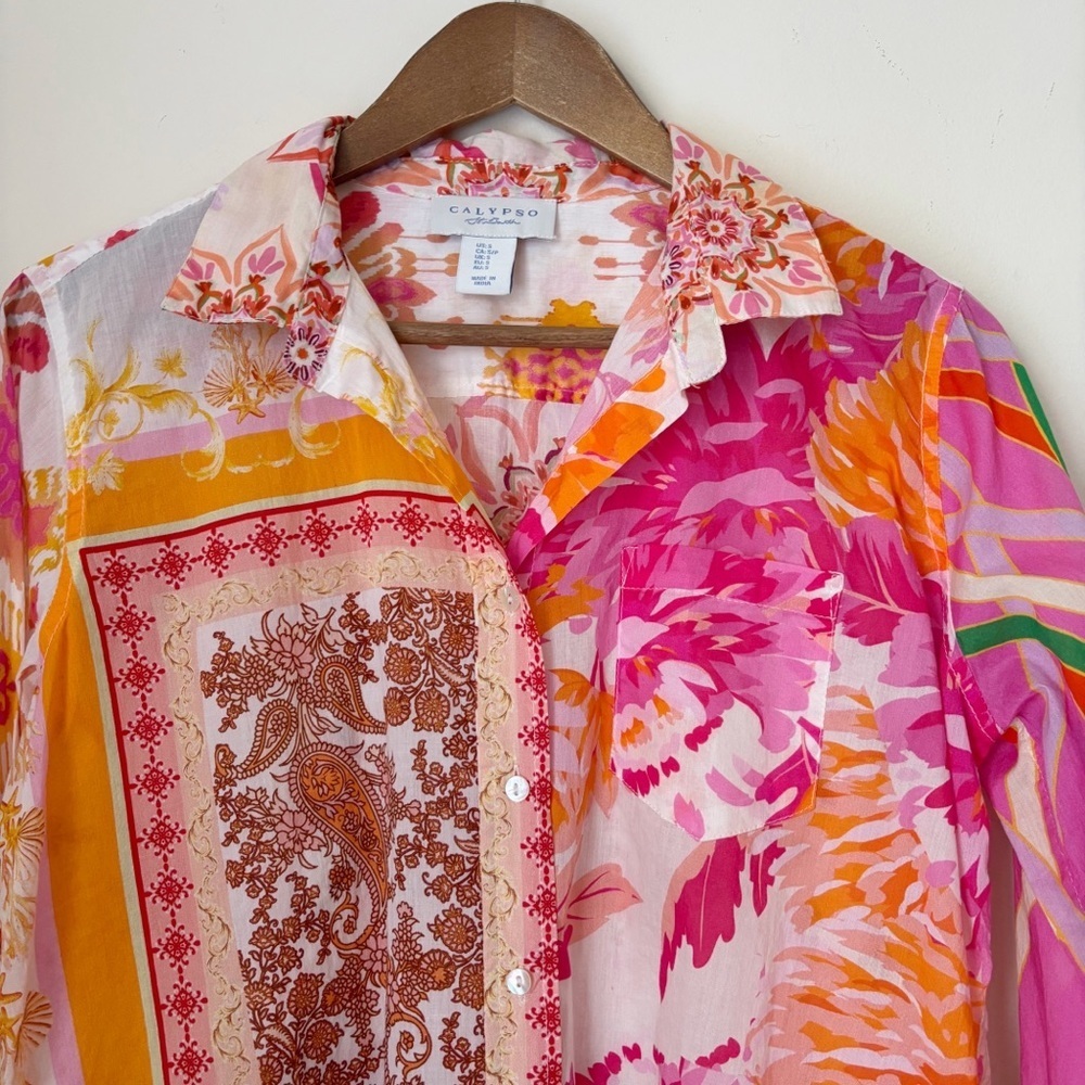 Calypso St. Barth Vibrant Mixed Print Button Up Shirt Small Resortwear - Picture 2 of 7